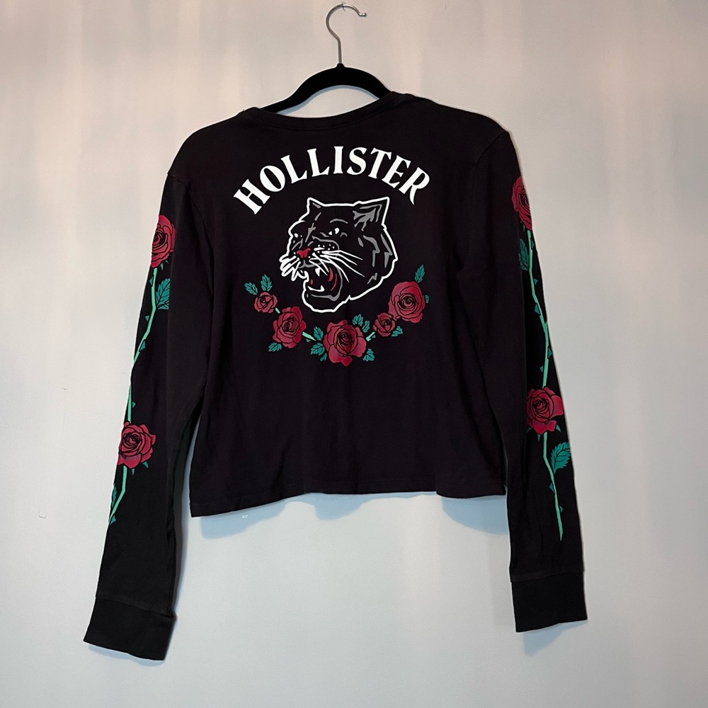 Hollister Long Sleeve T Shirt Womens S Black Crewneck Cropped Tiger Rose - Picture 2 of 6